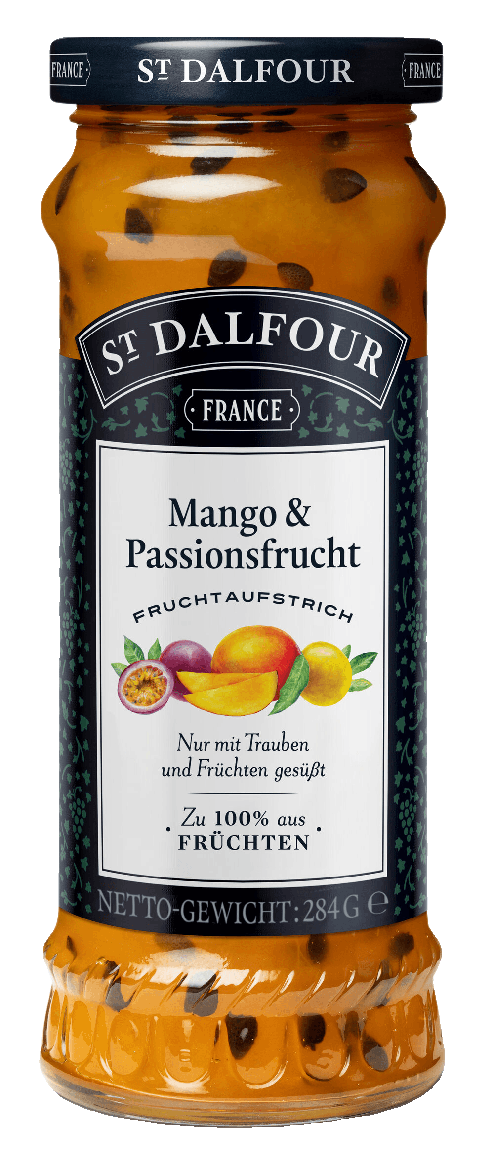 A bottle of St. Dalfour's Mango & Passion Fruit fruit spread